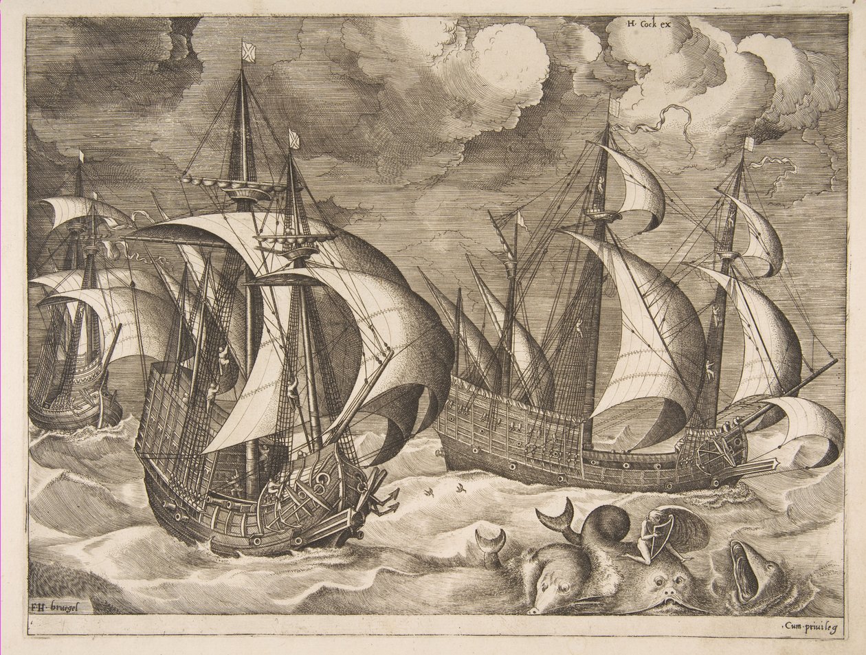 Yelkenli Gemilerden Bir Yunus Üzerinde Arion ile Yükselen Bir Fırtınada Üç Karavel, 1561-65. by Frans Huys