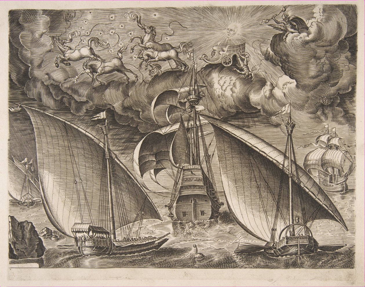 Gökyüzünde Phaeton ve Jüpiter ile Silahlı Üç Ustanın Arkasında Yelken Açan İki Kadırga, f..., 1561-65. by Frans Huys
