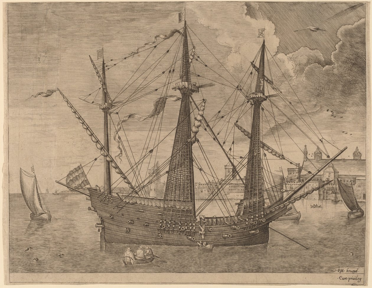 Bir Şehrin Yakınına Demirlemiş Silahlı Üç Usta by Frans Huys after Pieter Bruegel the Elder