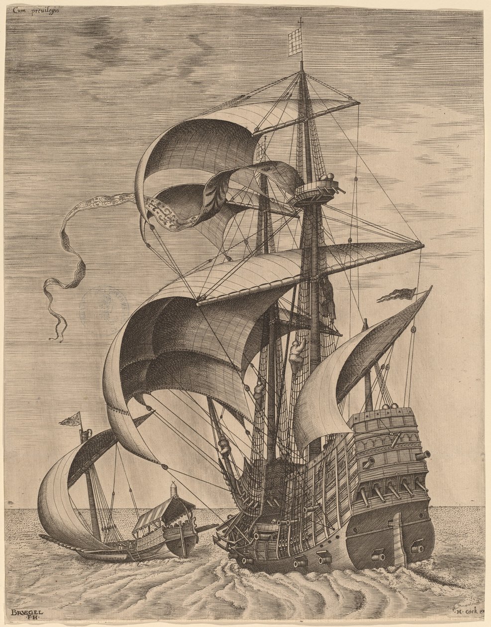 Açık Denizde Silahlı Üç Usta, Kadırga Eşliğinde by Frans Huys after Pieter Bruegel the Elder
