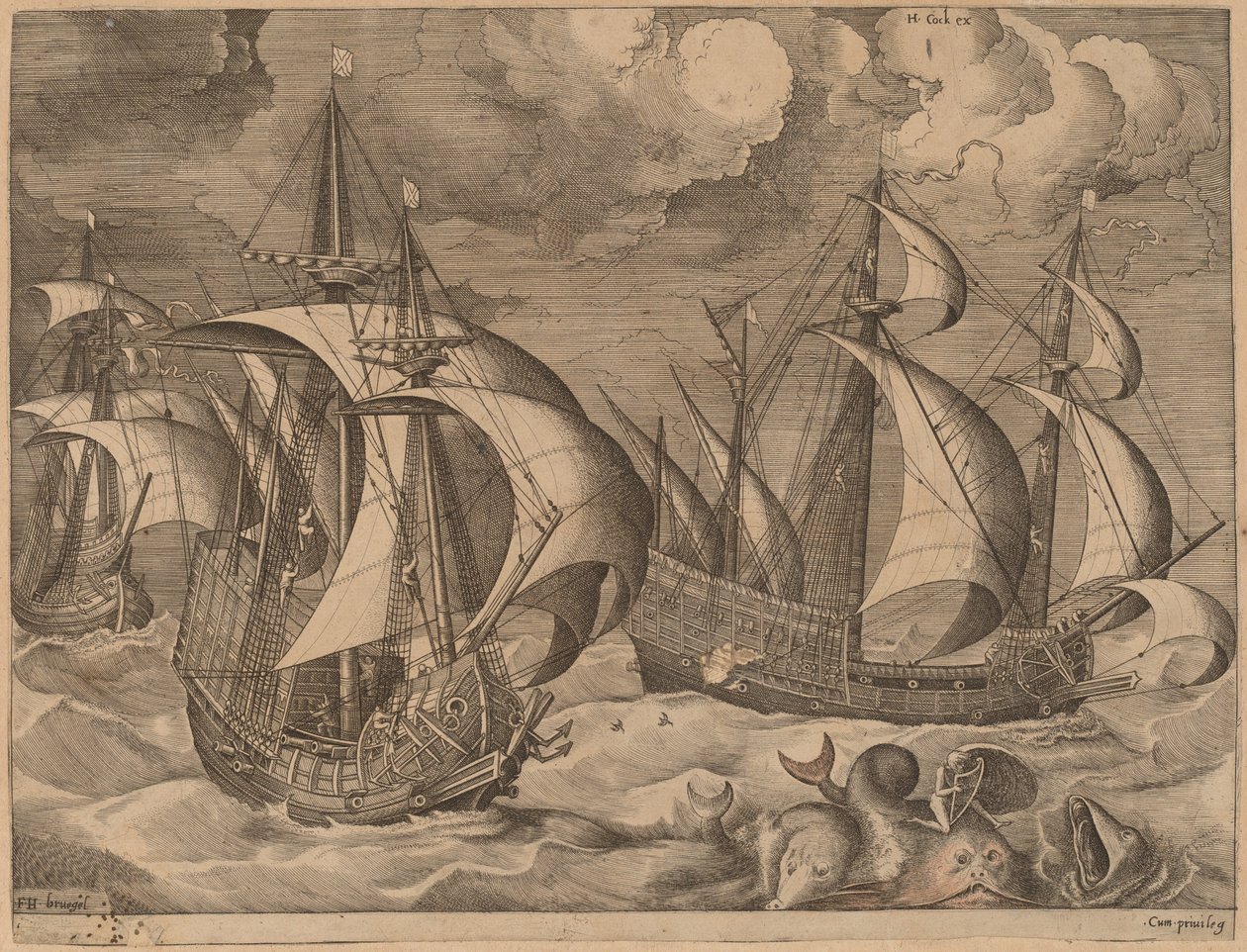Bir Yunusun Üzerinde Adrion ile Yükselen Bir Fırtınada Üç Karavel by Frans Huys after Pieter Bruegel the Elder