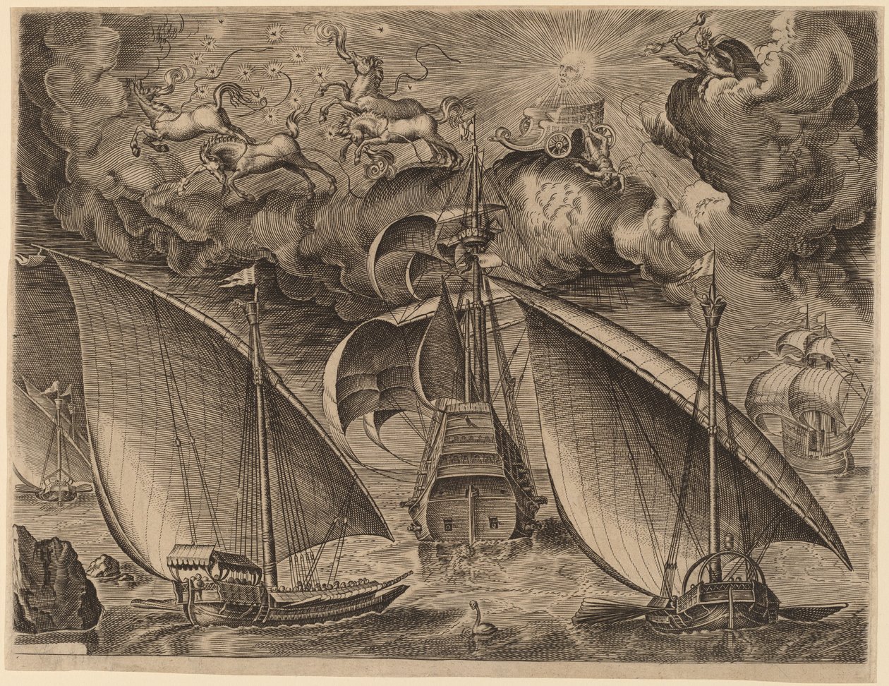 Gökyüzünde Phaethon ve Jüpiter ile Silahlı Üç Ustanın Arkasında İki Kadırga by Frans Huys after Pieter Bruegel the Elder