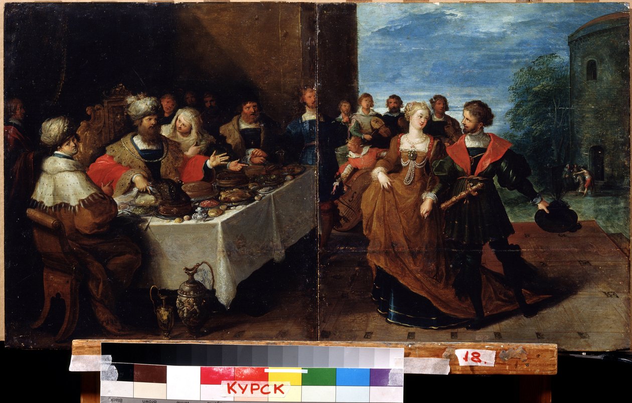 "Le festin d'Herode" (Herod'un ziyafeti) Salome'nin Vaftizci Yahya'nın başının kendisine bir tabakta getirilmesini istediği Kral Herod Antipas'ın (MÖ 14-40) evindeki şölen. Resmin altında Aziz'in infazı temsil edilir. Boya by Frans II Francken