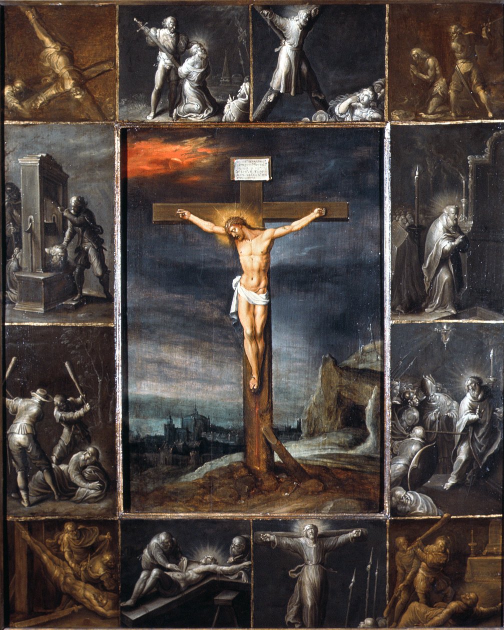 Havarilerin Şehadet Sahneleriyle Çerçevelenmiş Çarmıha Gerilmiş İsa by Frans II the Younger Francken