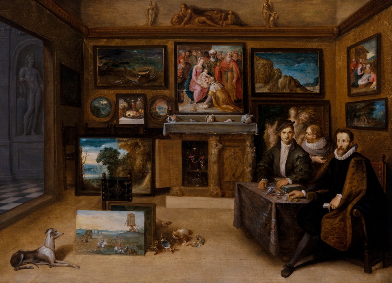 Justus Lipsius ve İki Conslefhebber'ın Bulunduğu Bir Koleksiyoncu Dolabının İçi by Frans II the Younger Francken