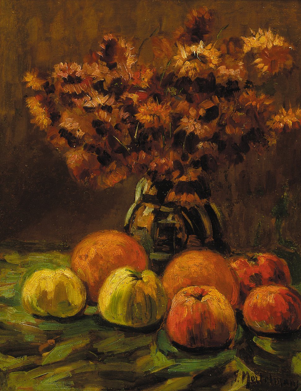 Bir masada elma, portakal ve bir vazo çiçek (panelde yağ) by Frans Mortelmans