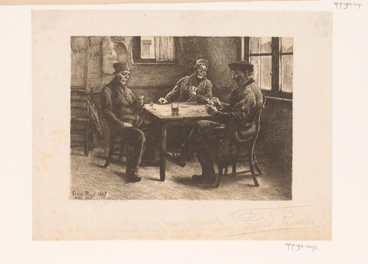 Bir kafede kağıt oynayan üç adam by Frans Proost (signed by artist)