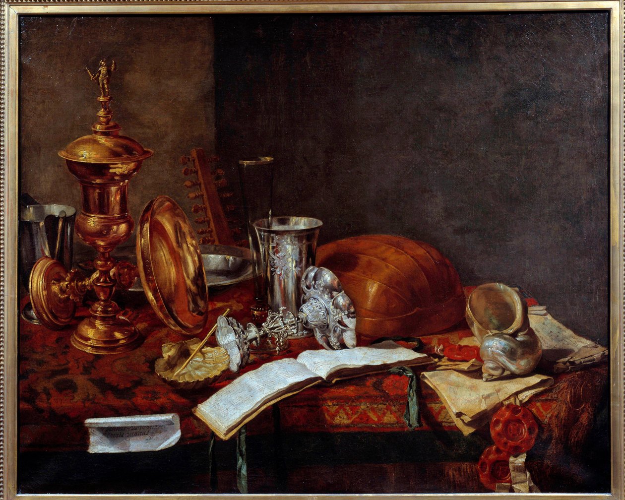 Sanat Objeleri ile Natürmort (Bakır Bardak, gümüş eşyalar, ud) Resim Franz (Frans) Ryckhals (1600-1647) 17. yüzyıl Dunkirk, Musee des Beaux Arts by Frans Ryckhals