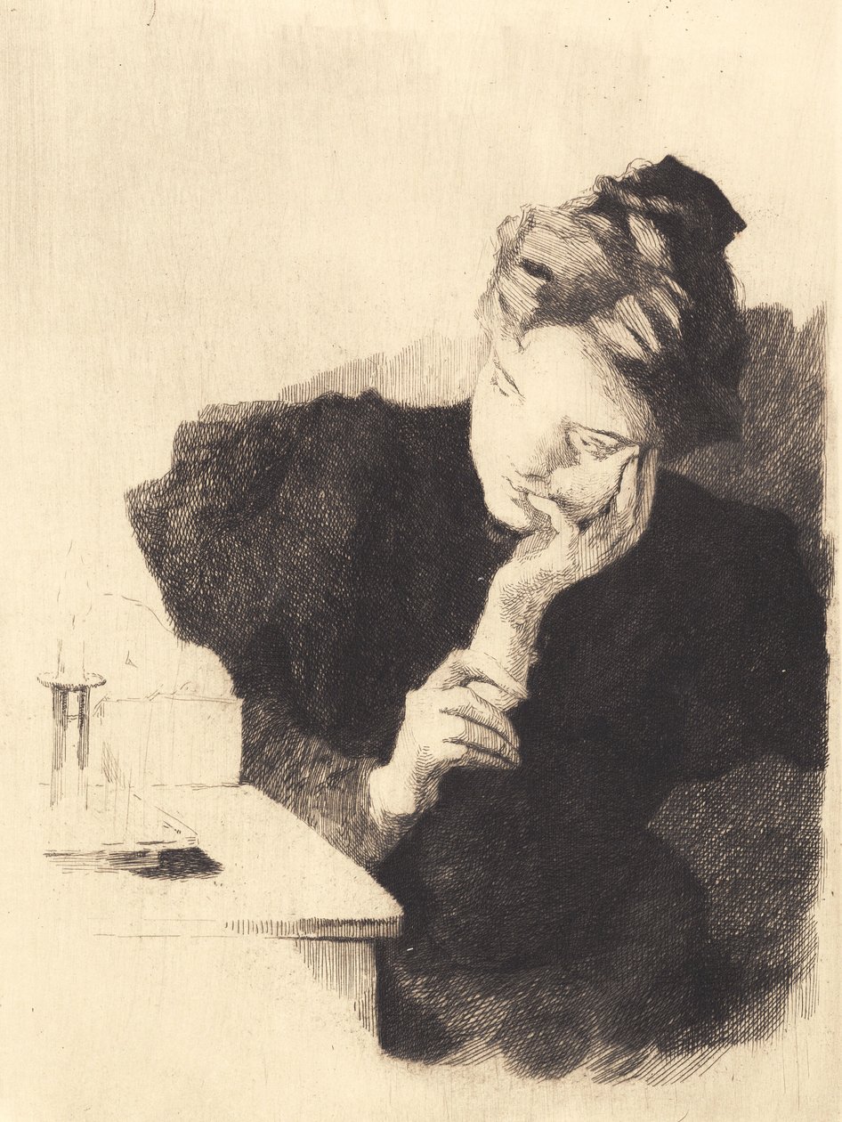 Elini yanağının altında destekleyen ışığın yanında genç kız by Frans Schwartz