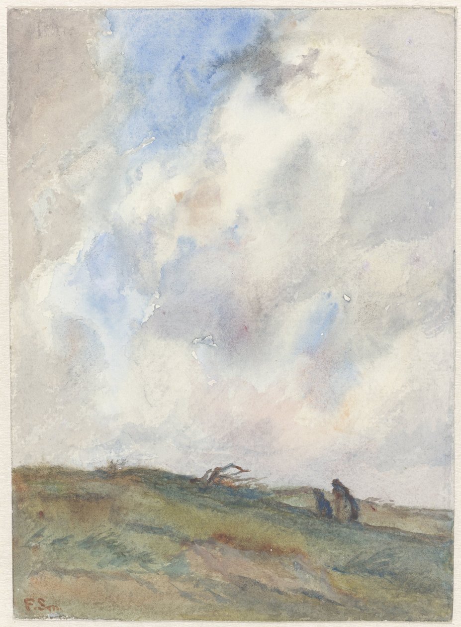 İki figürlü fırtına sırasında kumul manzarası by Frans Alexander Evert Lodewijk Smissaert