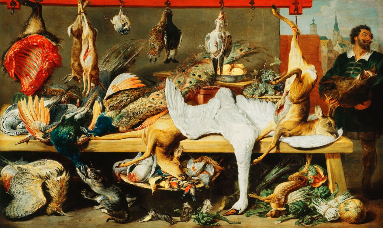 Oynayan Kediler ve Yavru Kediler ile Bir Kasap Ahırı ve bir Domuz Kafası tutan bir Kasap by Frans Snyders or Snijders