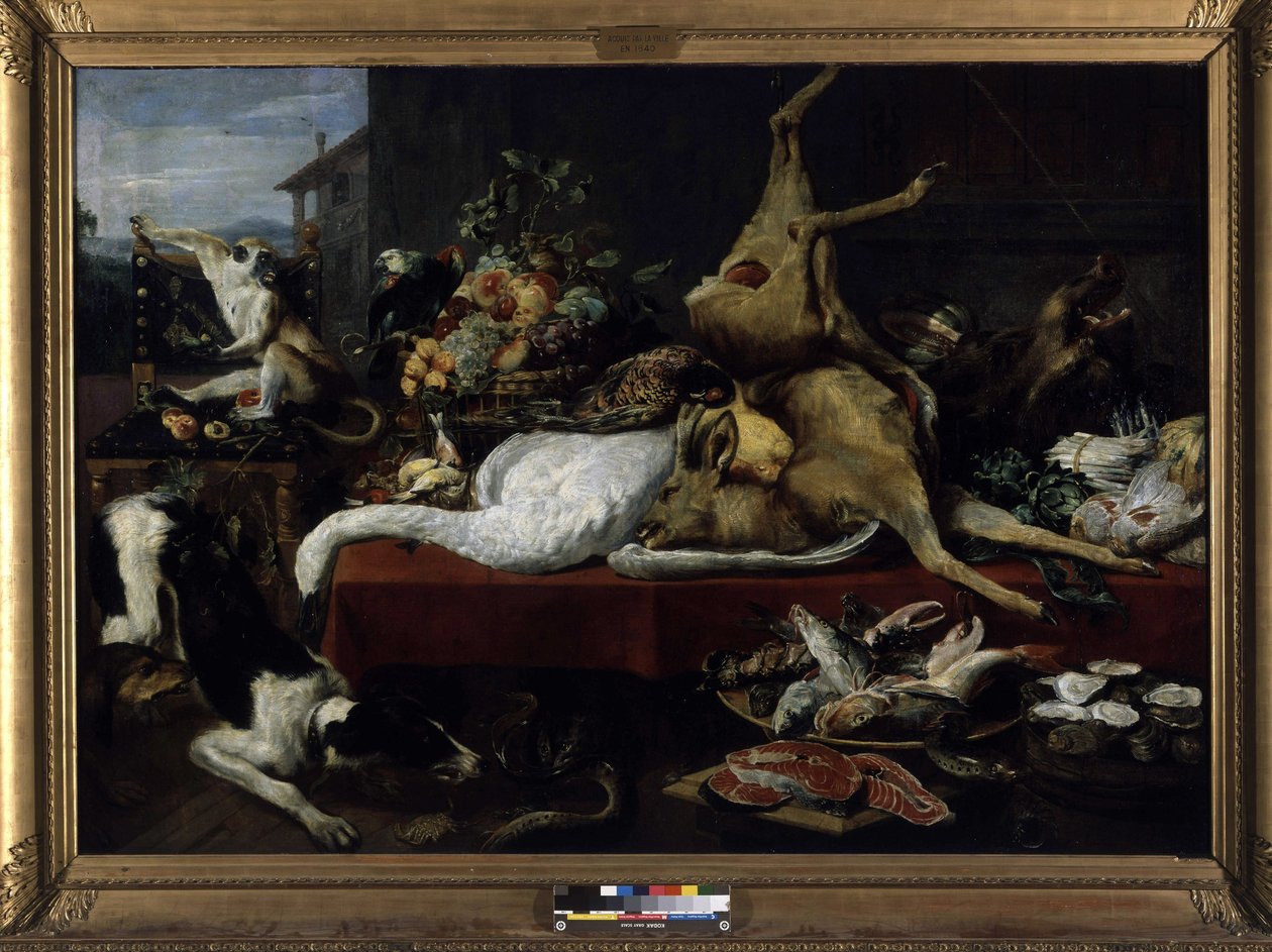 Av, Balık, Meyve ve Sebzelerden Natürmort (tuval üzerine yağlı boya) by Frans Snyders