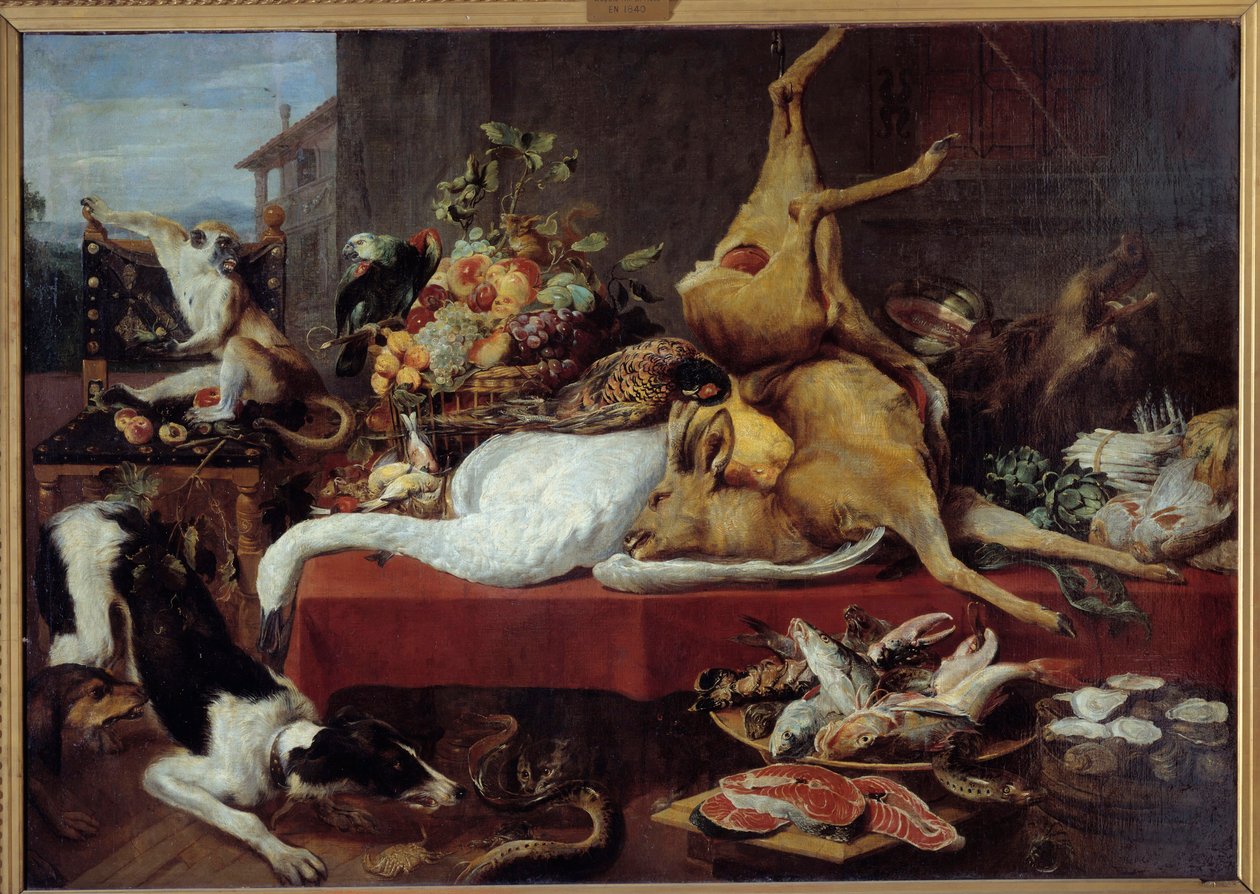 Geyik Oyunu (sülün, kaz, geyik), dilim balık, yengeç, baklagiller ile natürmort. Frans Snyders