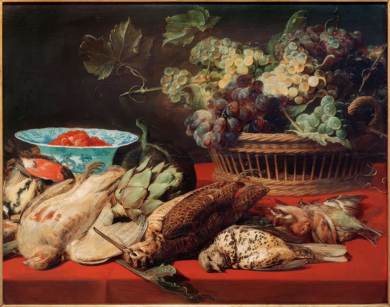 Natürmort - üzüm, kuş ve çilek sepeti by Frans Snyders