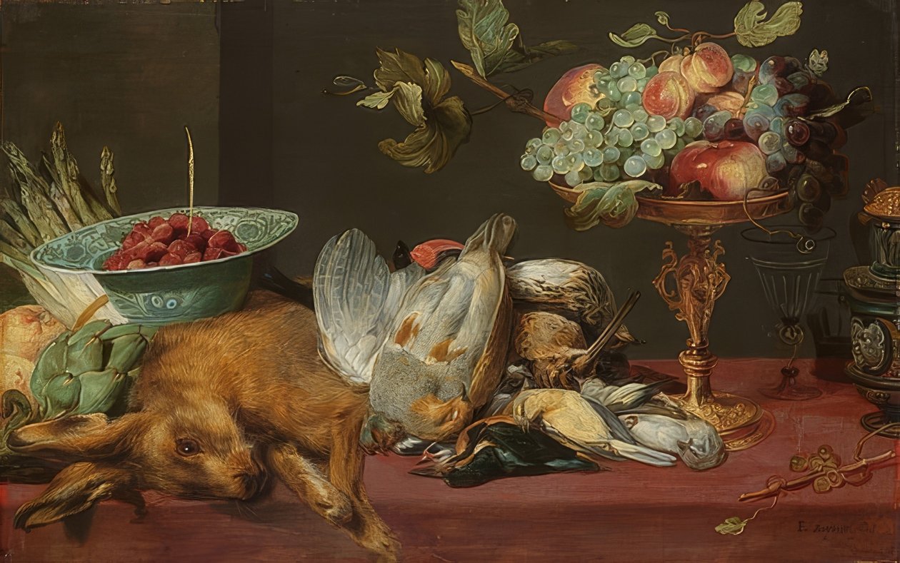 Küçük oyun ve meyve ile natürmort by Frans Snyders or Snijders