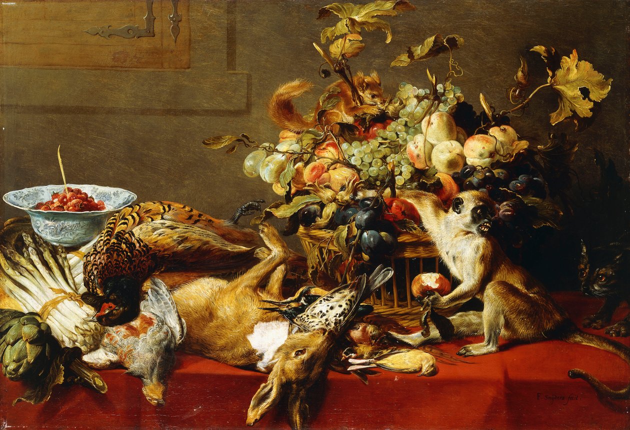 Dökümlü Masada Ölü Oyun ve Maymunlu Bir Meyve Sepeti, by Frans Snyders or Snijders