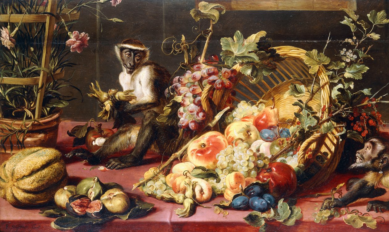 Maymunlarla Dökülen Meyve Sepeti Dökülmüş Bir Masada, by Frans Snyders or Snijders