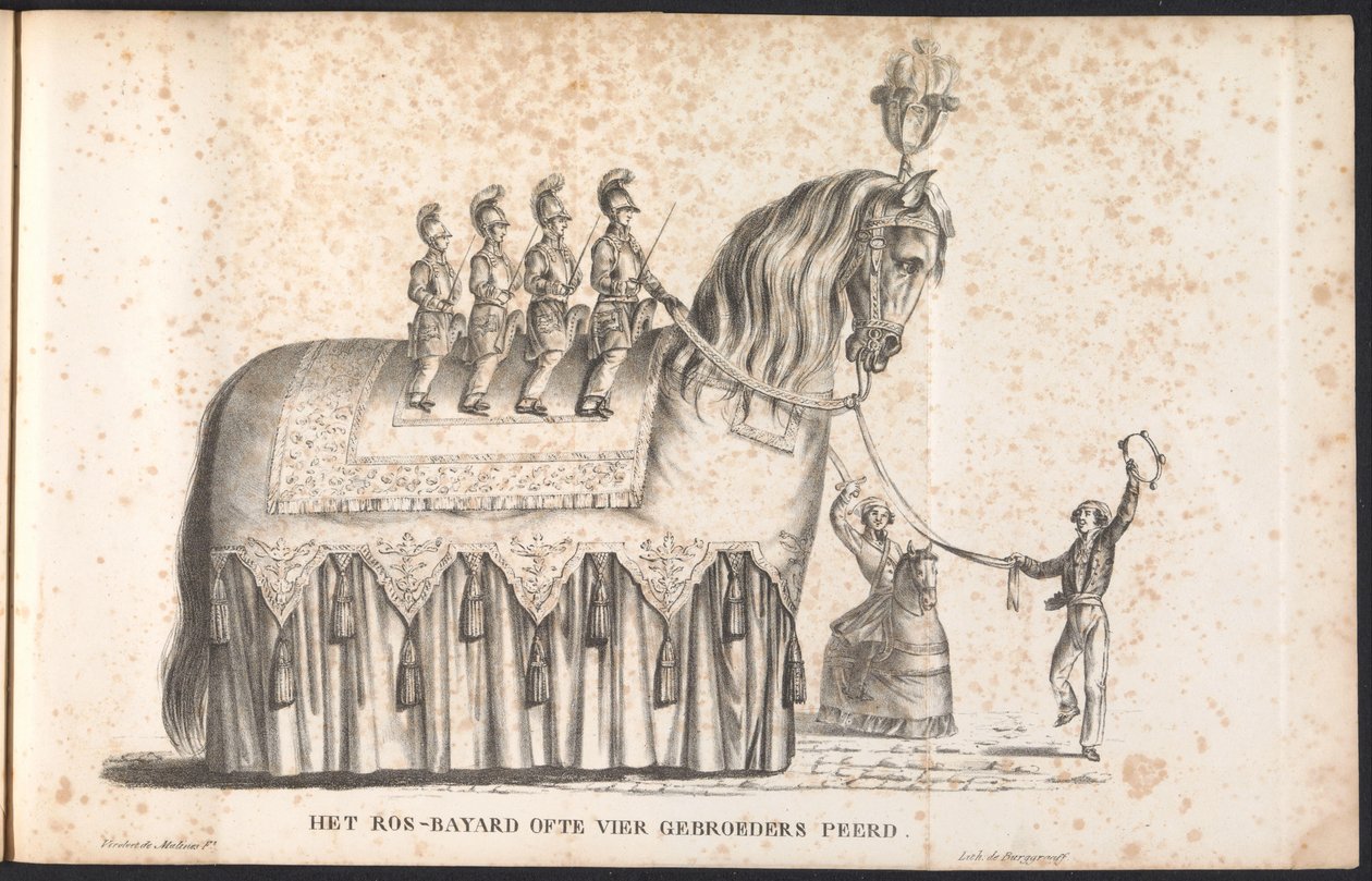 Ros Beiaard, Saint Rombout için geçit töreninde bir şamandıra olarak, 1825 Ros-Bayard veya Four Brothers Peerd (nesnedeki başlık) by Frans Vervloet