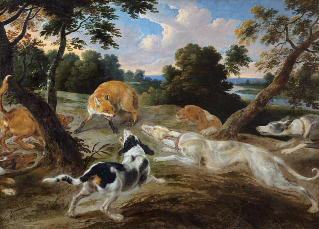Köpeklerle çevrili koyda bir tilki by Frans and Wildens Jan Snyders