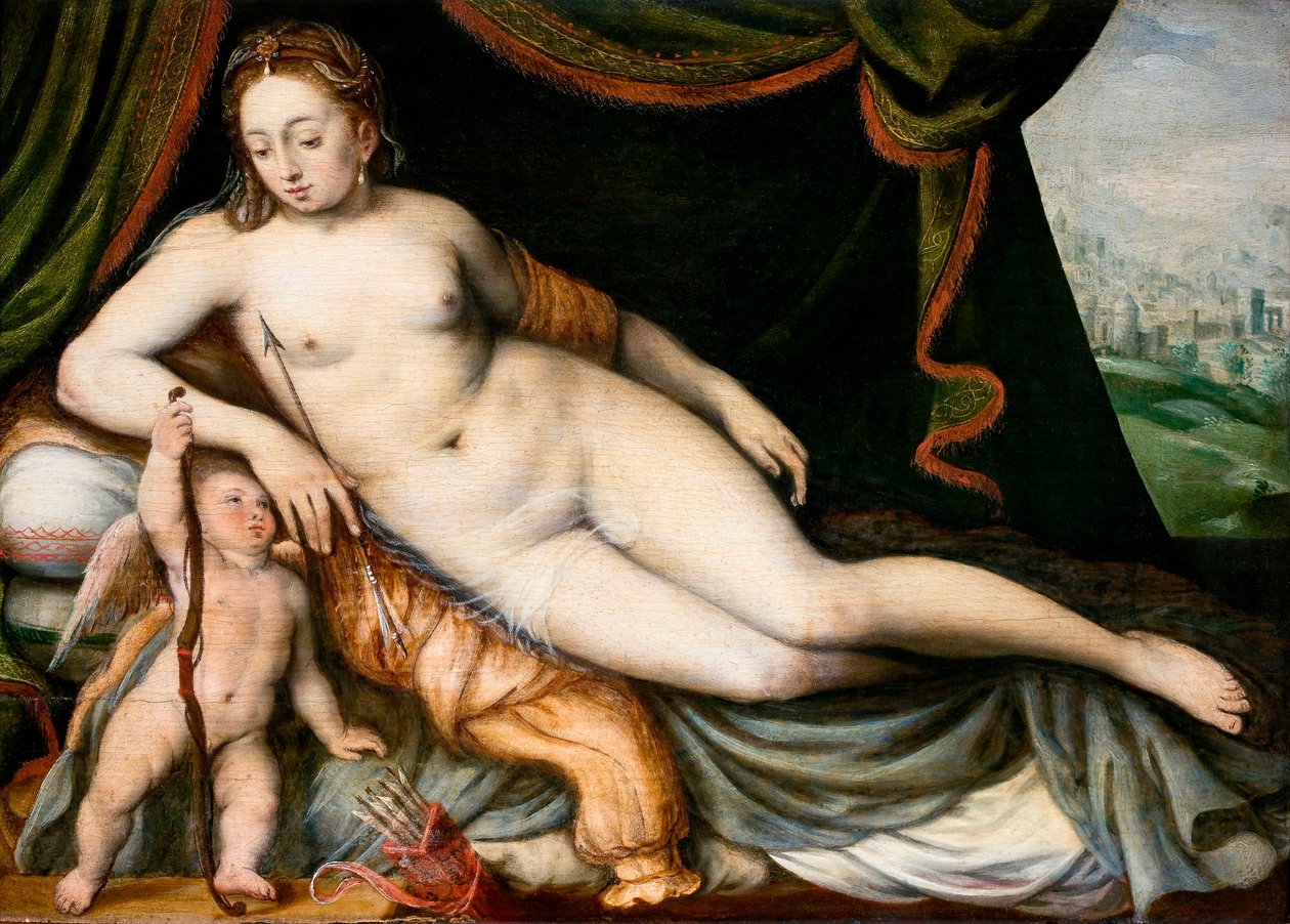 "Venüs ve Aşk Tanrısı" (Venüs ve Aşk Tanrısı) Tablosu Frans I de Vrient veya de Vriendt, Yaşlı Frans Floris (1519-1570) olarak bilinir - Ahşap üzerine yağlı boya Soluk 29.5x42 cm Hallwylska Museet, Stockholm by Frans de Vriendt