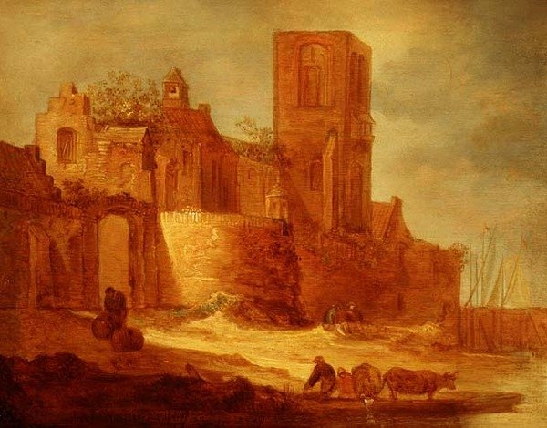 Ön planda köylüler ve sığırlar ile bir su yolu tarafından harap bir manastır by Frans de Hulst