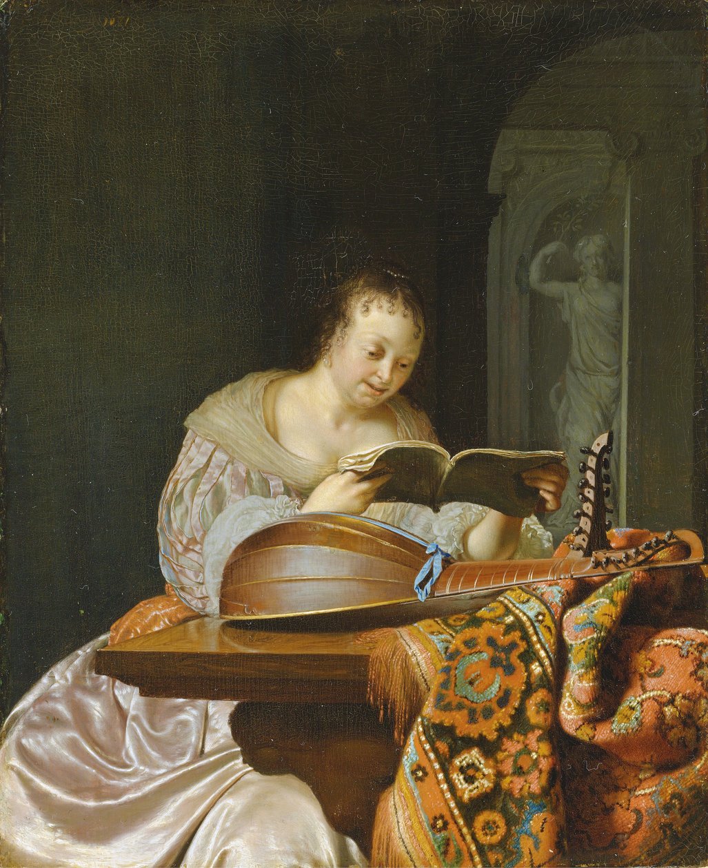 Çift başlı bir ud ile kısmen dökümlü bir masada müzik okuyan bir kadın ile bir iç, 1671 by Frans van Mieris