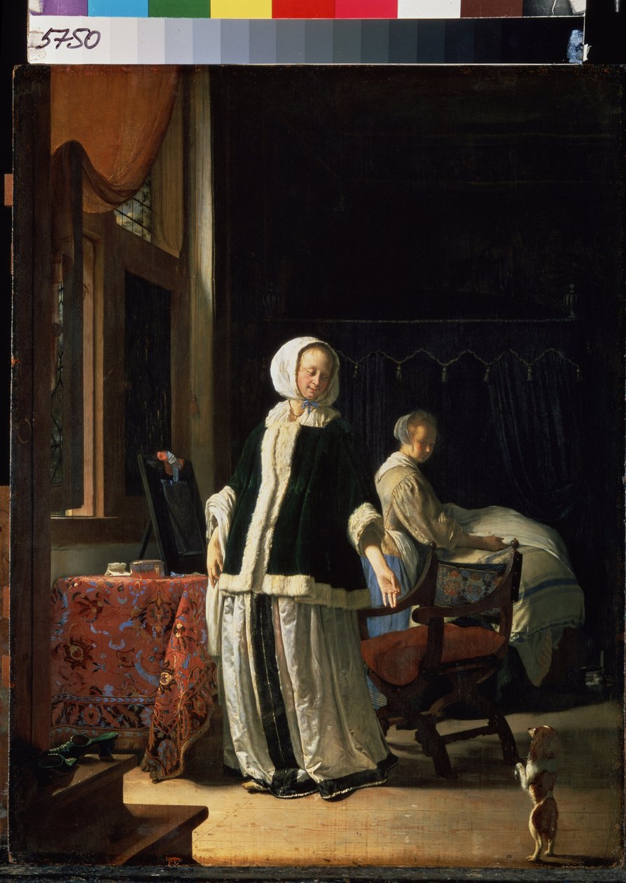 Genç bir kadının sabahı. (Genç Bir Hanımın Sabahı). Bir kadın ve hizmetçisi, bir köpeğin tüylerini diken diken ettiğini gözlemler. Frans van Mieris de Oudere