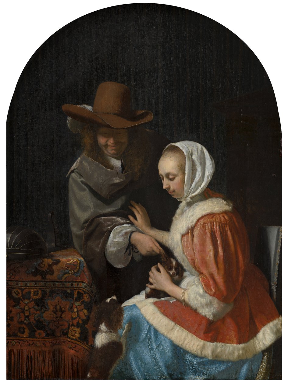 "Evcil Hayvanla Takılmak" olarak bilinen İki Köpekli Erkek ve Kadın, 1660 by Frans van Mieris