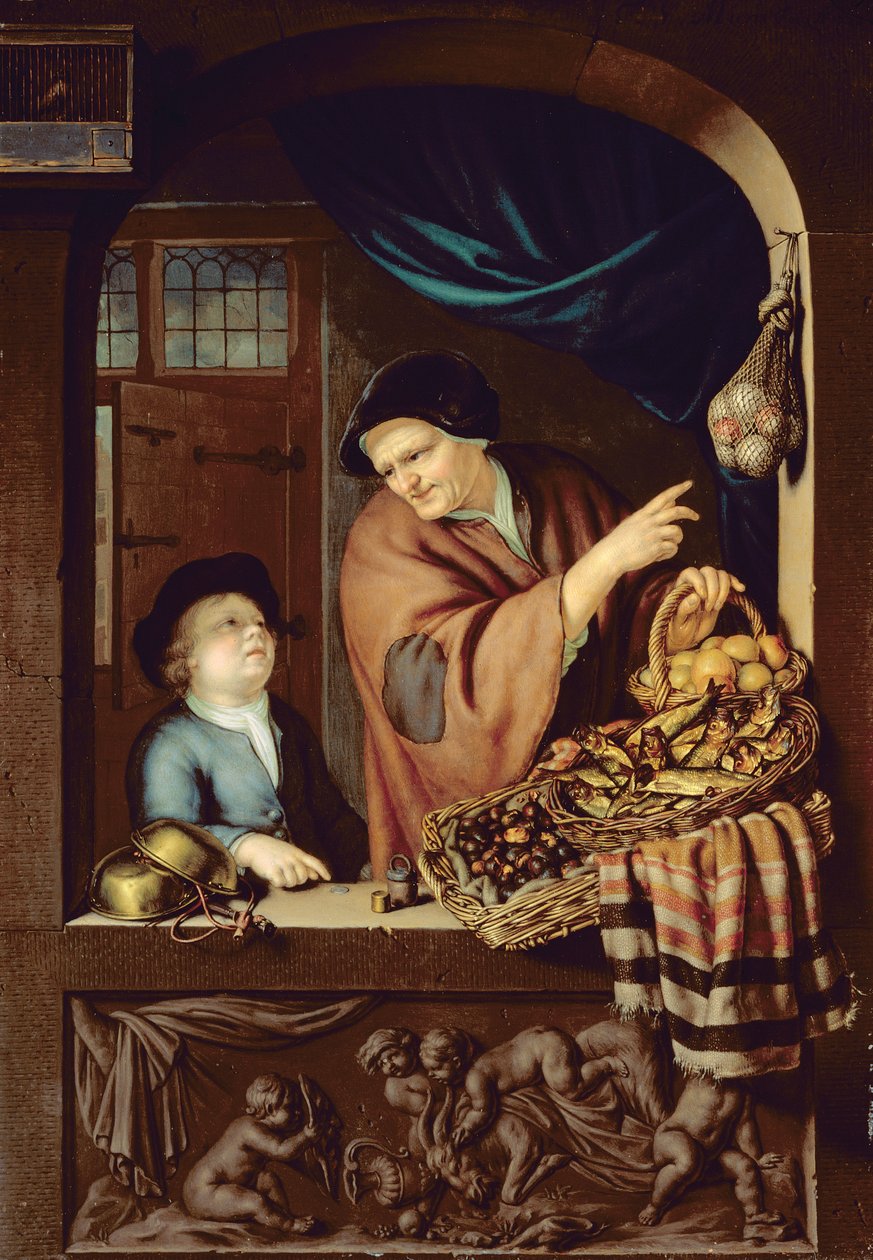 The Chestnut and Kipper Seller, 1722 (meşe üzerine yağlı boya) by Frans van Mieris