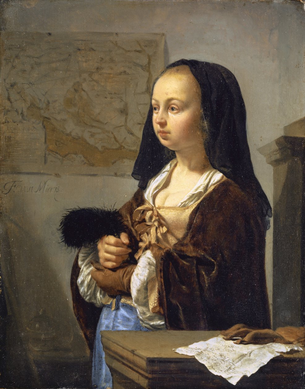 Dışarı Çıkmaya Hazırlanan Tüy Yelpazeli Genç Kadın, 1657-59 by Frans van Mieris