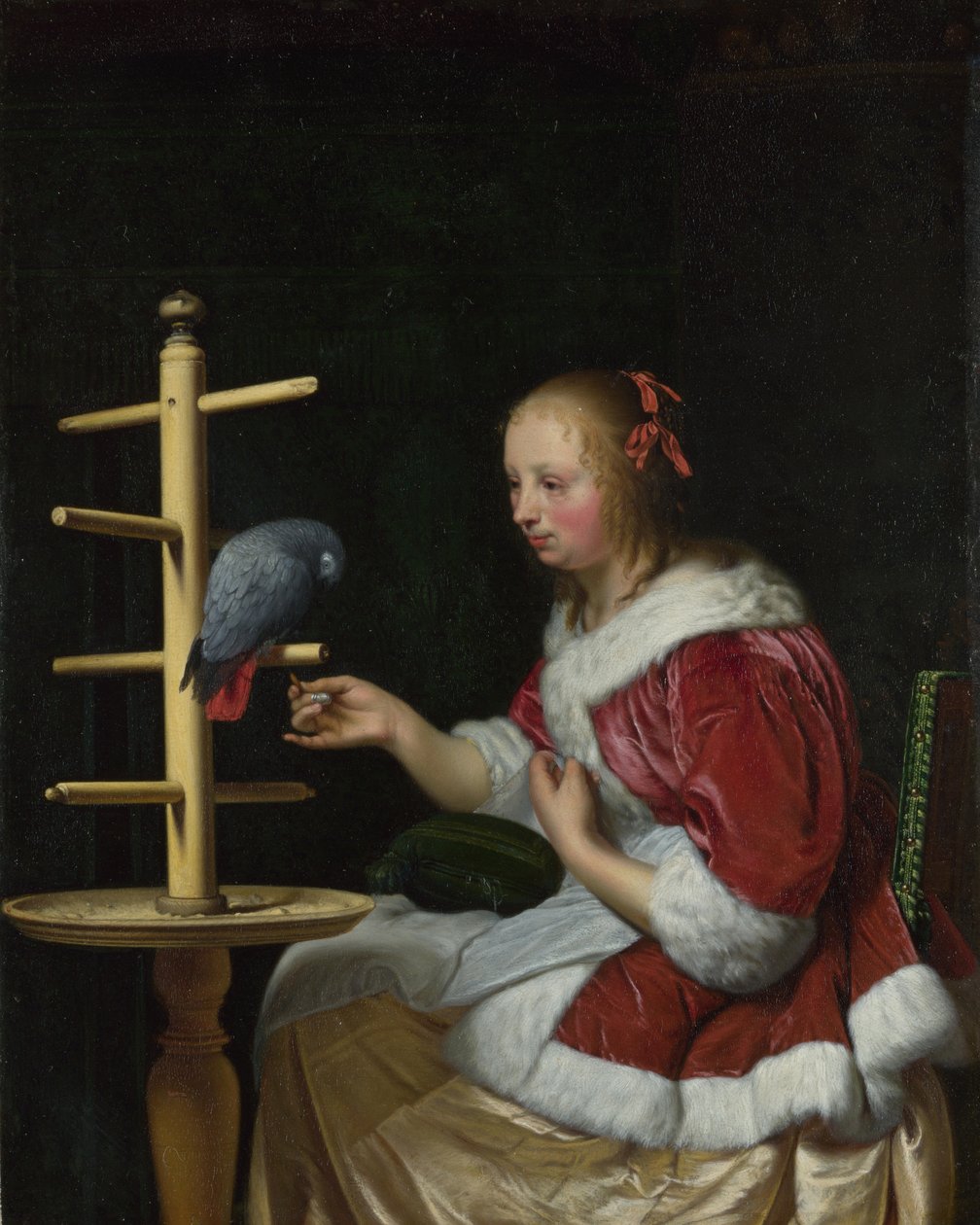 Papağan besleyen Kırmızı Ceketli Bir Kadın, yaklaşık 1663 by Frans van Mieris the Elder