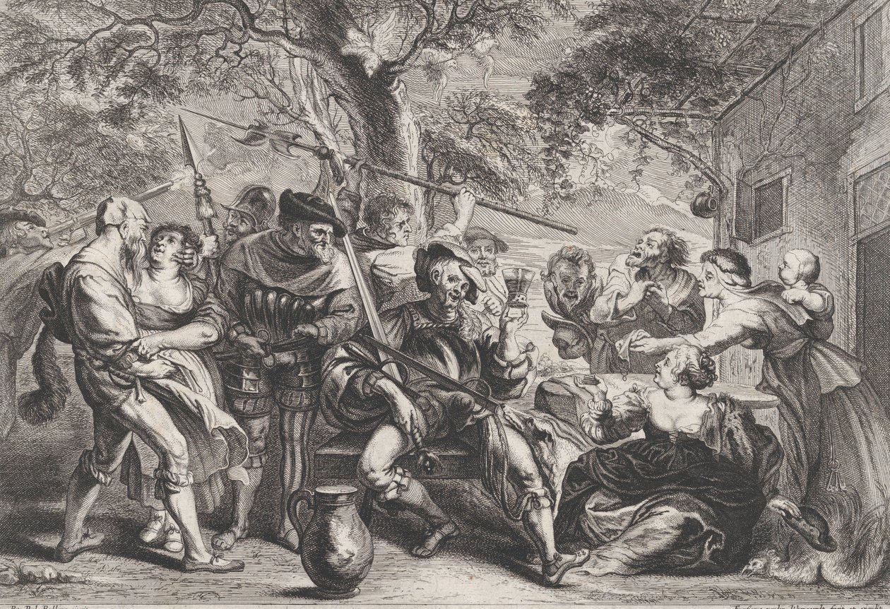 Don Kişot ve La Santa Hermandad askerleri bir meyhanenin önünde, M.Ö. 1635-79. by Frans van den Wyngaerde