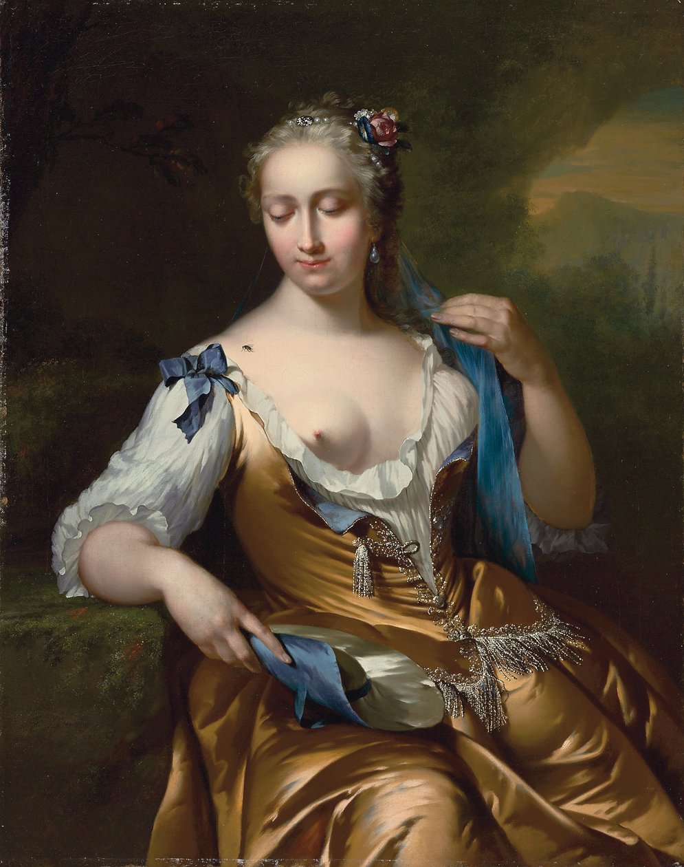 Omzunda sinek olan bir manzaradaki kadın: bir dokunma alegorisi, 1742 by Frans van der Mijn