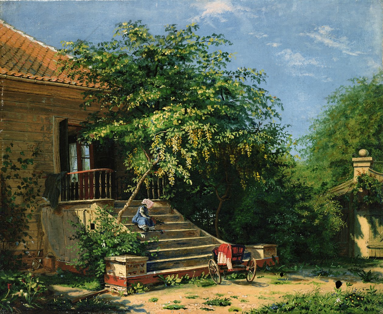 Blege göletinin yanındaki bahçe merdiveni (tuval üzerine yağlı boya) by Frants Diderik Boe
