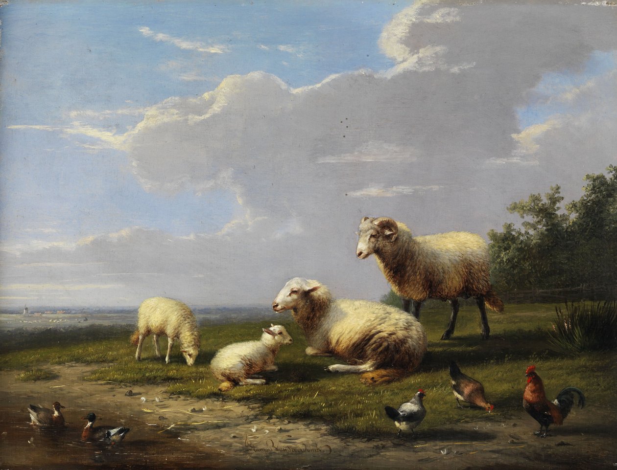 Koyunlar, tavuklar ve ördekler ile geniş bahar manzarası by Franz van Severdonck