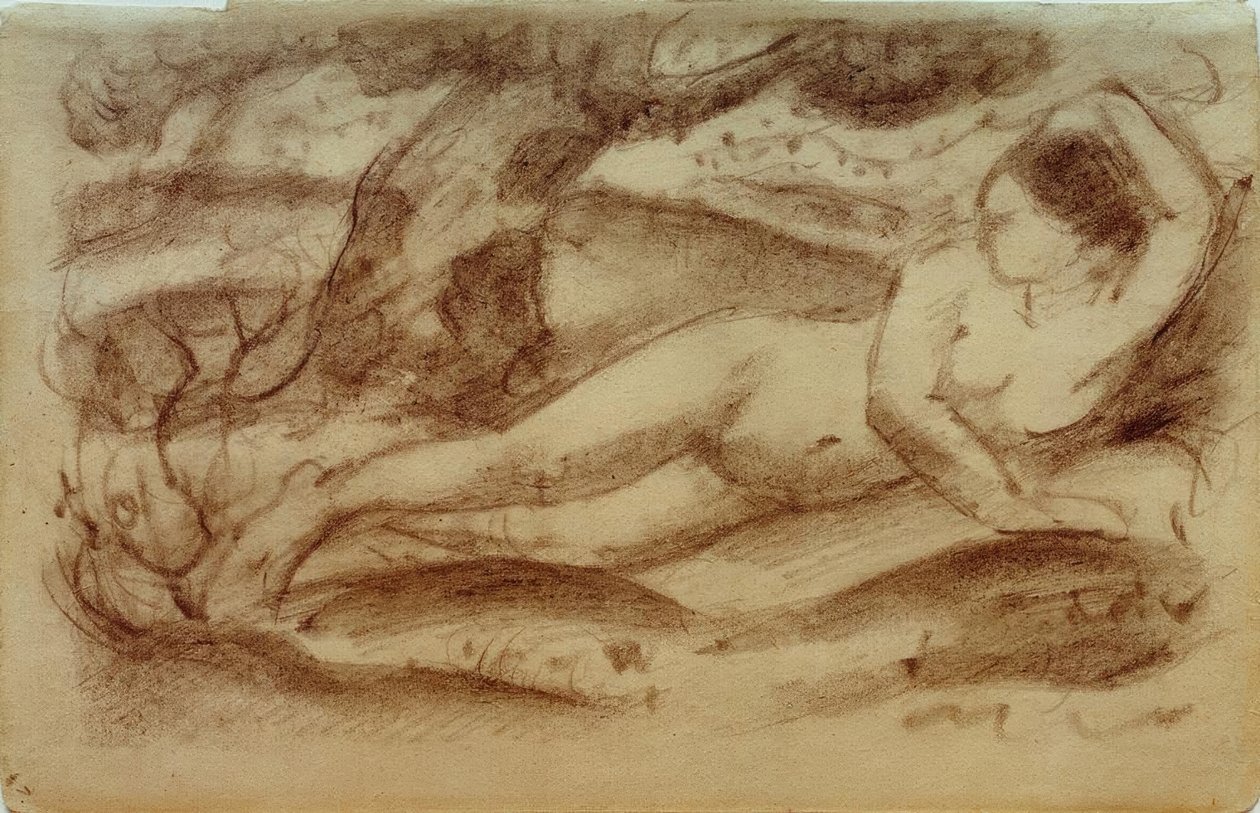 Bir manzarada uzanmış kadın çıplak by Franz Marc