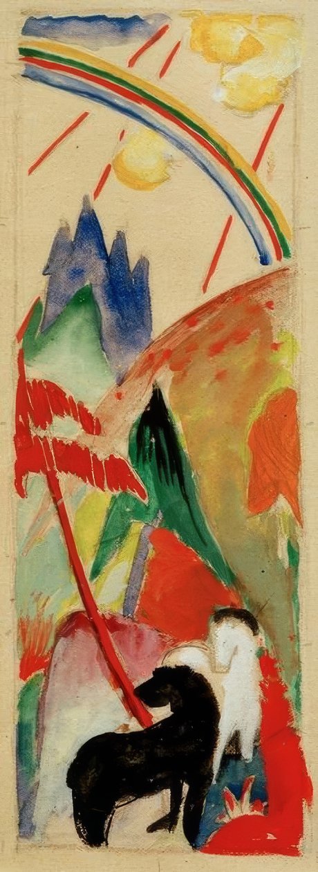 Yağmur boo ile bir dağ manzarası içinde siyah beyaz at by Franz Marc