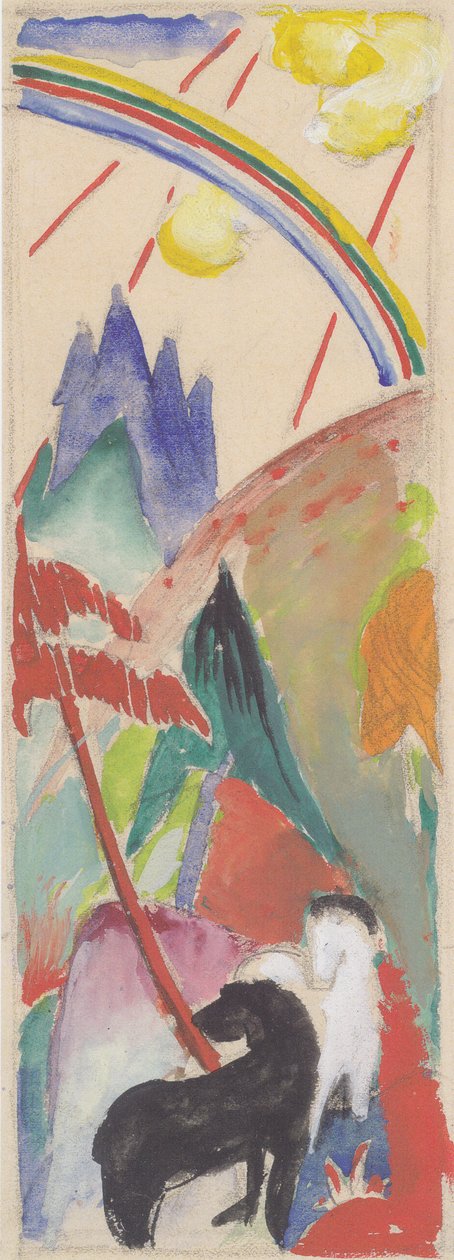 Gökkuşağı ile dağ manzarasında siyah beyaz at by Franz Marc