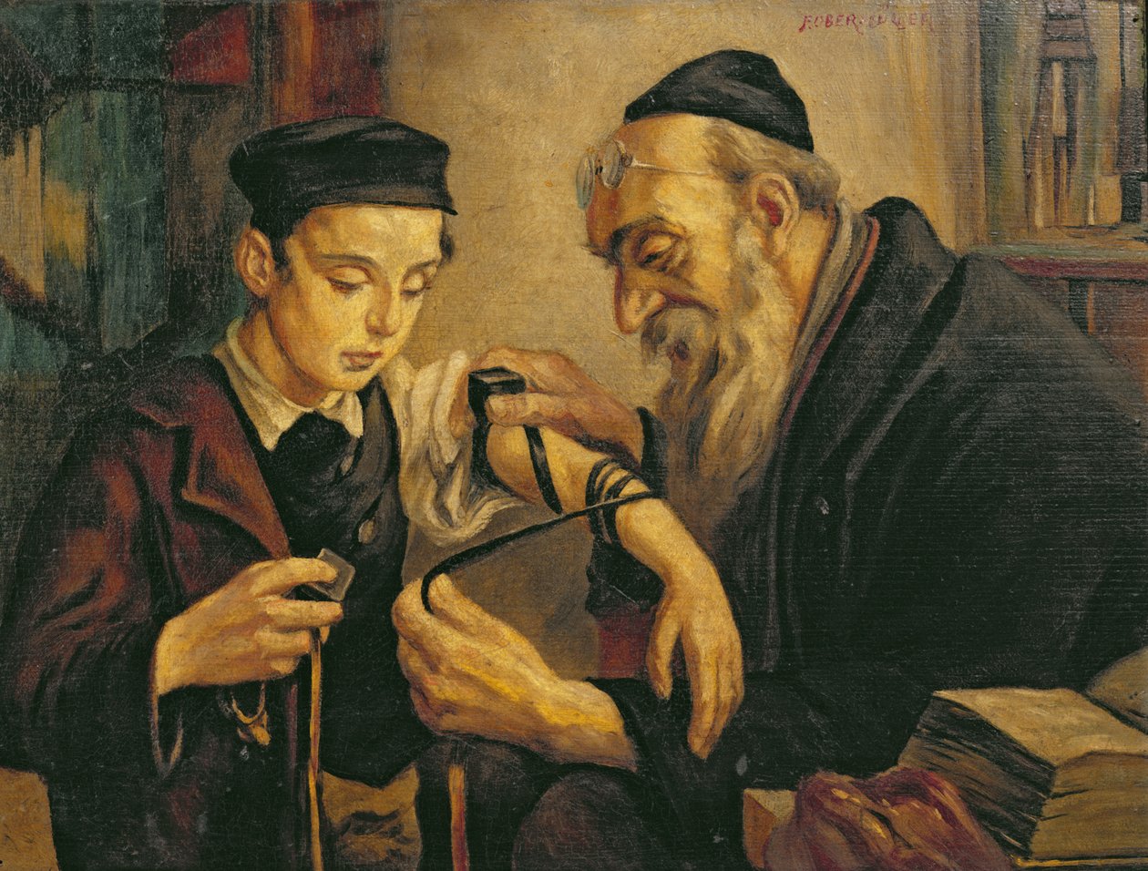 Filakterileri bir çocuğun koluna bağlayan bir haham by Franz Obermüller