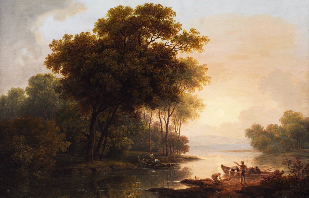 Puslu geç ışıkta bir göl kıyısı manzaralı ağaç manzarası by Franz Scheyerer
