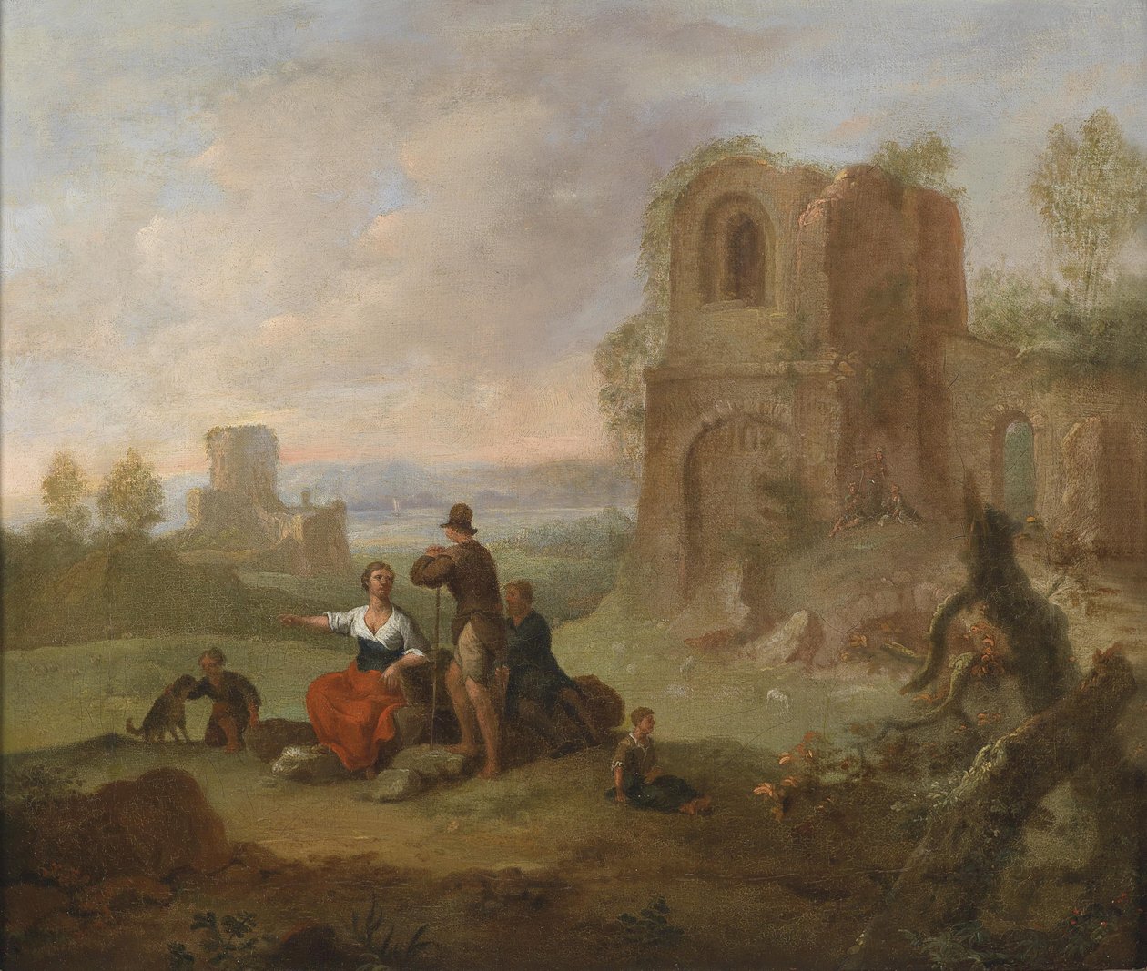 Ruinenlandschaft mit rastenden Wanderern. by Franz Ferg