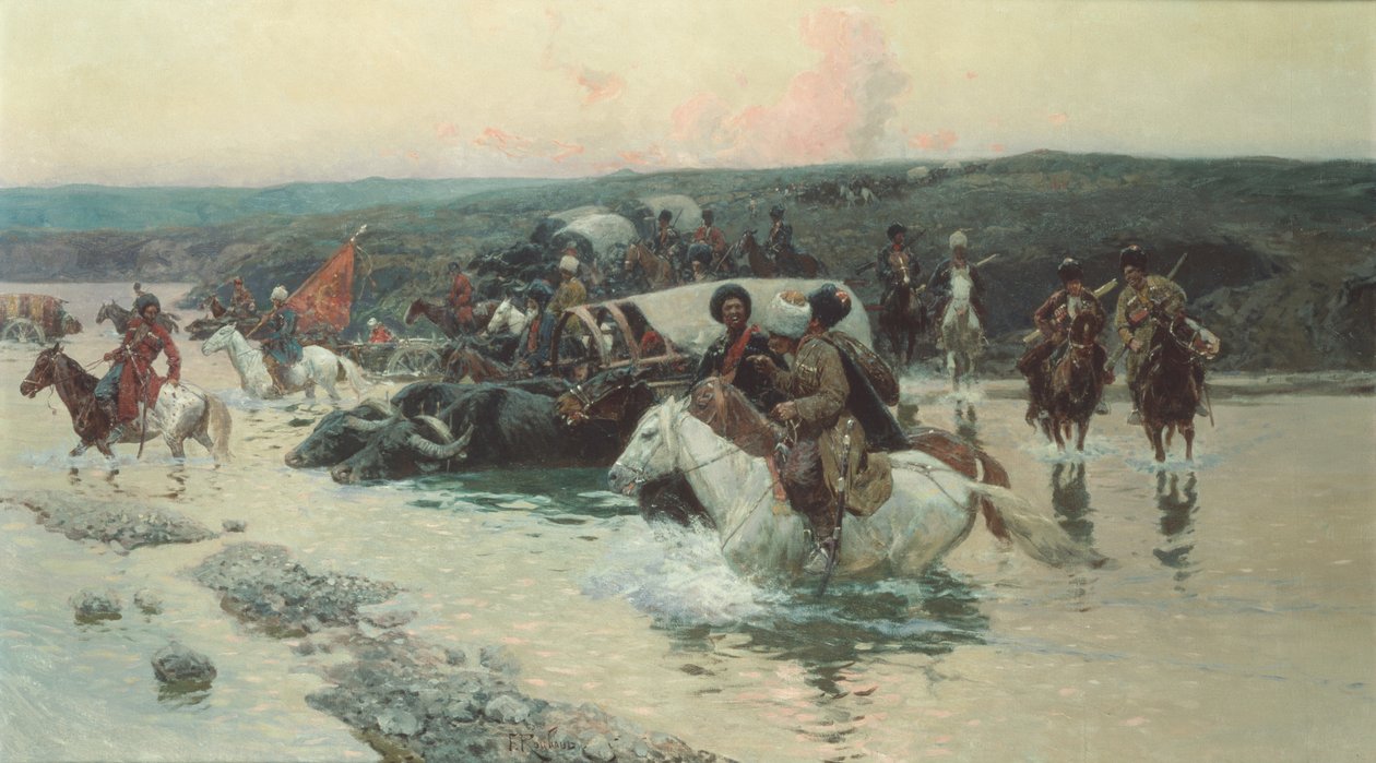 Cherkess Konvoyu Nehri Geçerken (tuval üzerine yağlıboya) by Franz Alekseevich Roubaud