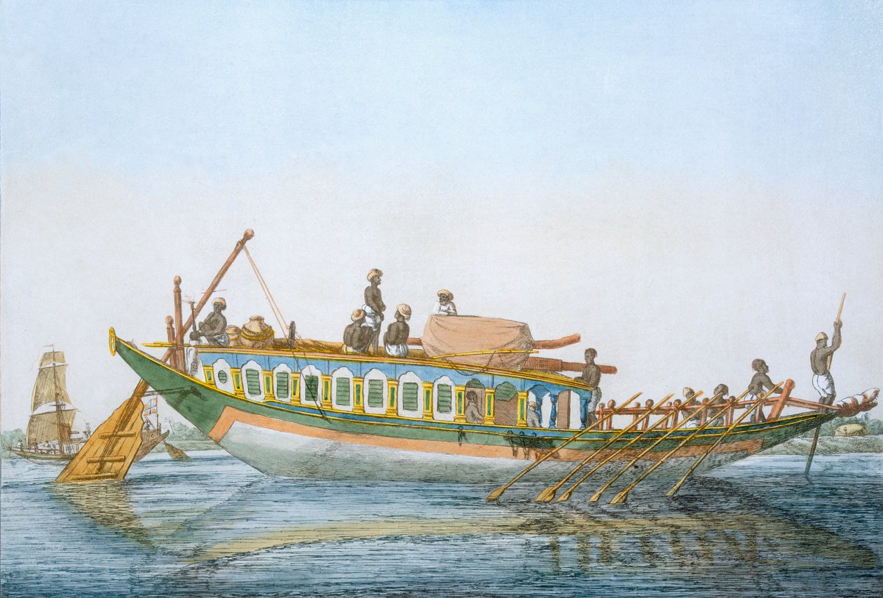 Badjera, büyük bir kürek dümeni olan kabinli bir nehir teknesi, 'Hindular veya Görgü Kuralları, Kostümleri ve Törenlerinin Açıklaması'ndan, c.1808-12 (renkli gravür) by Franz Balthazar Solvyns