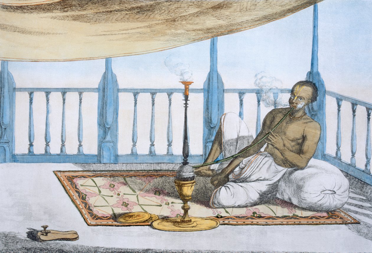 Nargile esrar veya afyon içen adam, "Hindular veya Geleneklerinin, Geleneklerinin ve Törenlerinin Açıklaması", pub. 1808-12 (renkli dağlama) by Franz Balthazar Solvyns