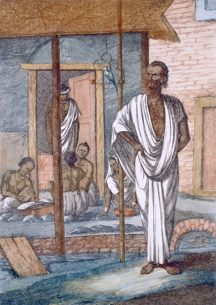 Dükkanında sarraf, katibinin işlemleri ve evcil bir papağan, 'Hindular veya Davranışlarının, Kostümlerinin ve Törenlerinin Açıklaması'ndan, c.1808-12 (renkli gravür) by Franz Balthazar Solvyns