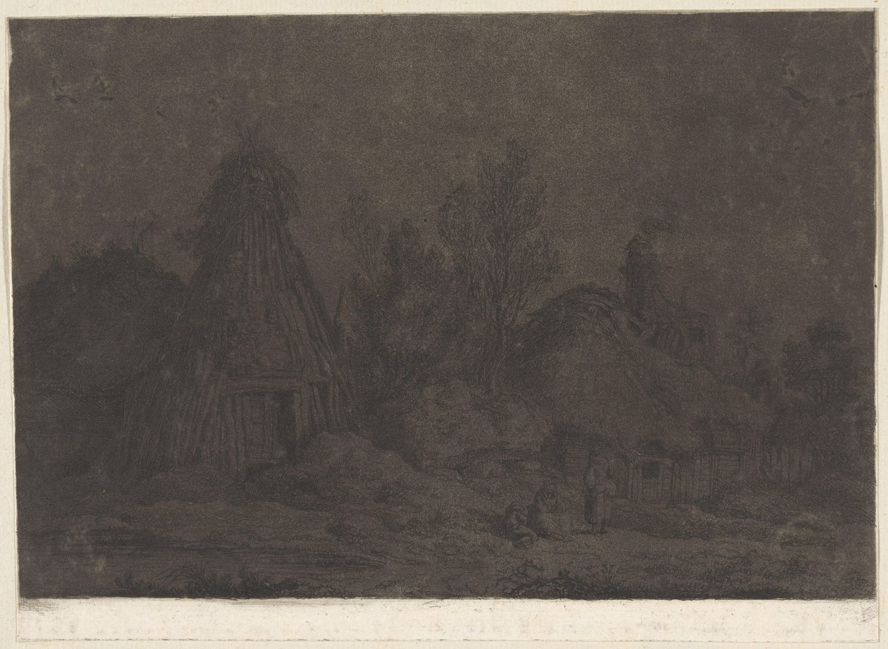 Bir kulübenin önünde figürlerin olduğu Mehtap sahnesi XII Vues de la Normandie (dizi adı) by Franz Edmund Weirotter