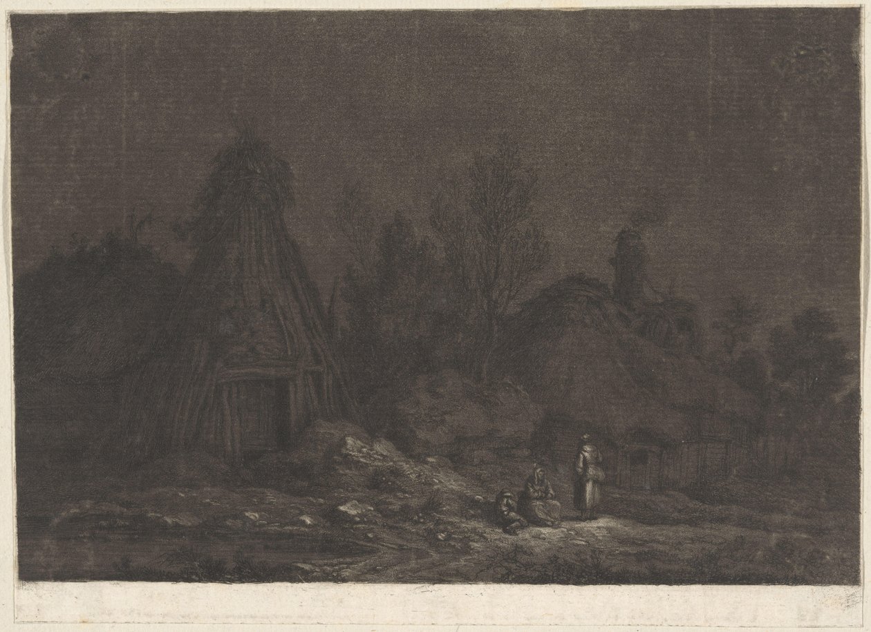 Bir kulübenin önünde figürlerin olduğu Mehtap sahnesi XII Vues de la Normandie (dizi adı) by Franz Edmund Weirotter