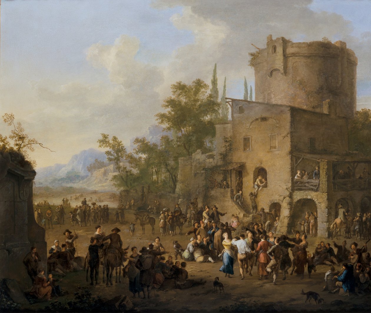 Saltarello Dansı Eden Figürlerin Bulunduğu Bir İtalyan Şehir Görünümü by Franz Ferg