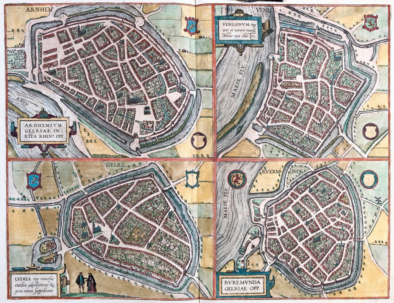 Arnhem ve Venlo, Hollanda - Geldern, Almanya ve Ruermonde, Hollanda (gravür by Franz Hogenberg