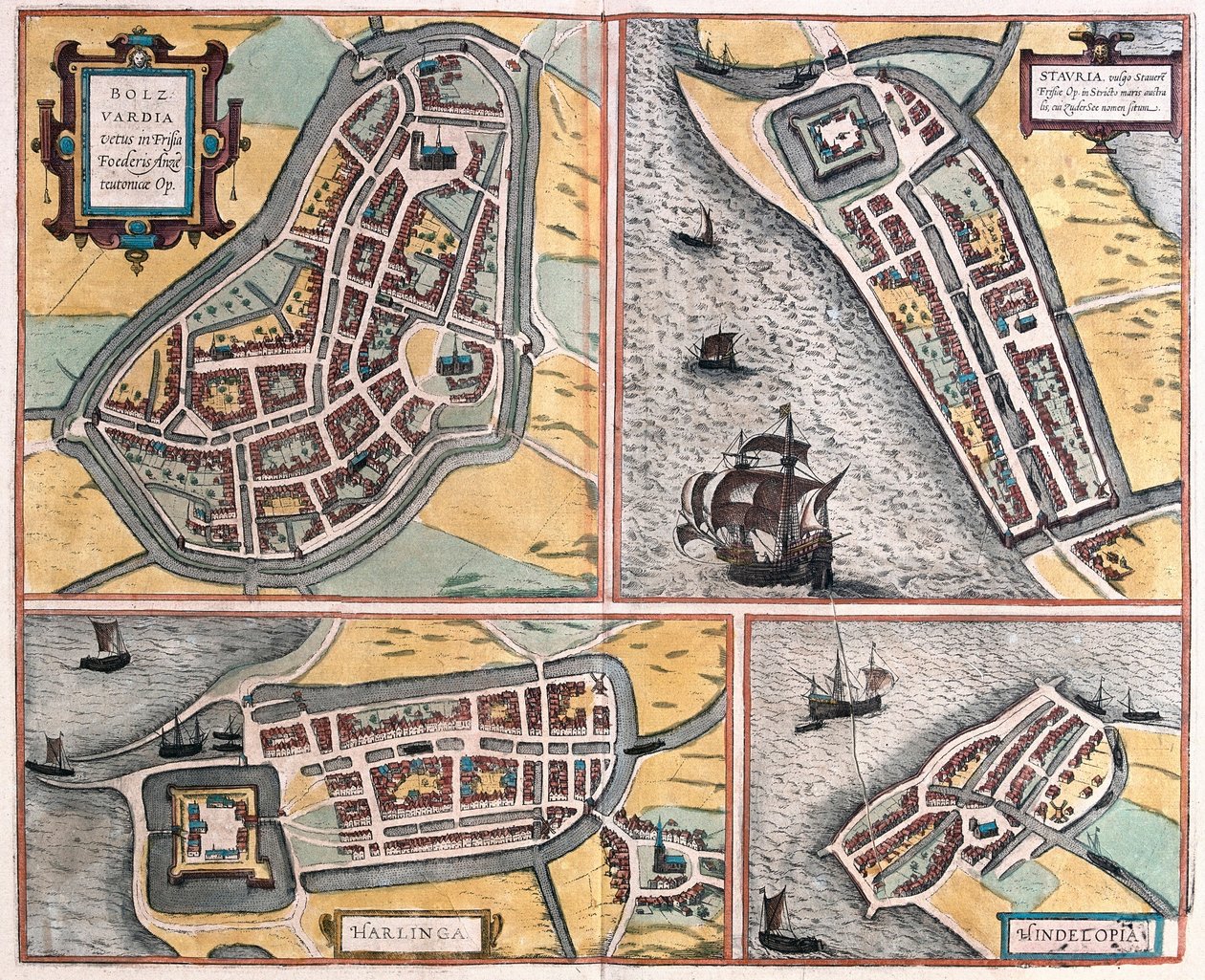 Bolsward, Stavoren, Harlingen ve Hindeloopen, Hollanda (gravür by Franz Hogenberg
